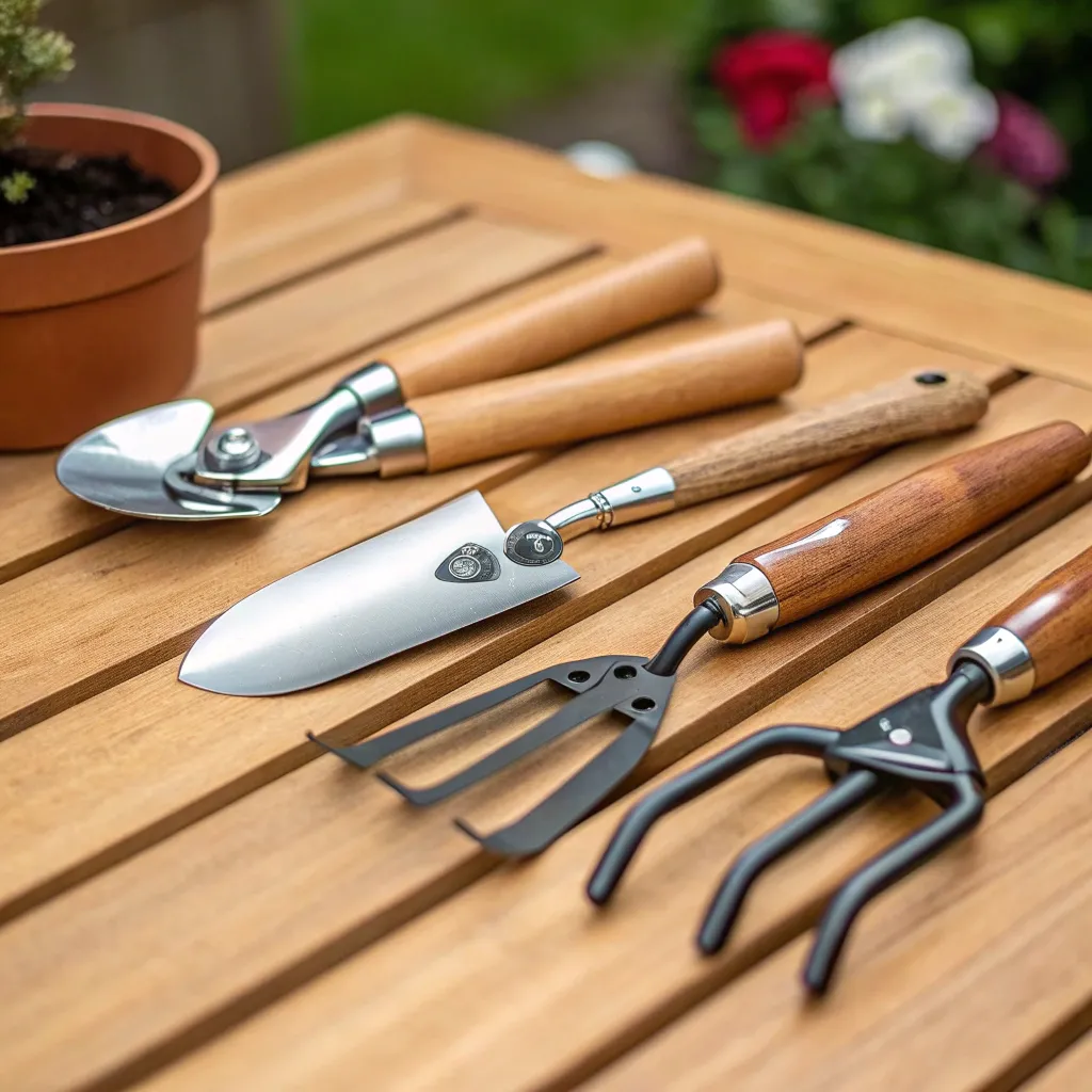Gardening tools laid out on a wooden table